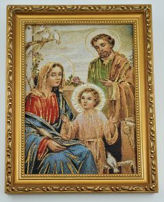 Embroidered Holy Family Image with Gold Frame